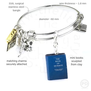 Book of MORMON Another Testament of Jesus Christ Clay Mini Book Stainless Steel Bangle Bracelet, Journal Quiet Time, LDS CTR Art, Easter