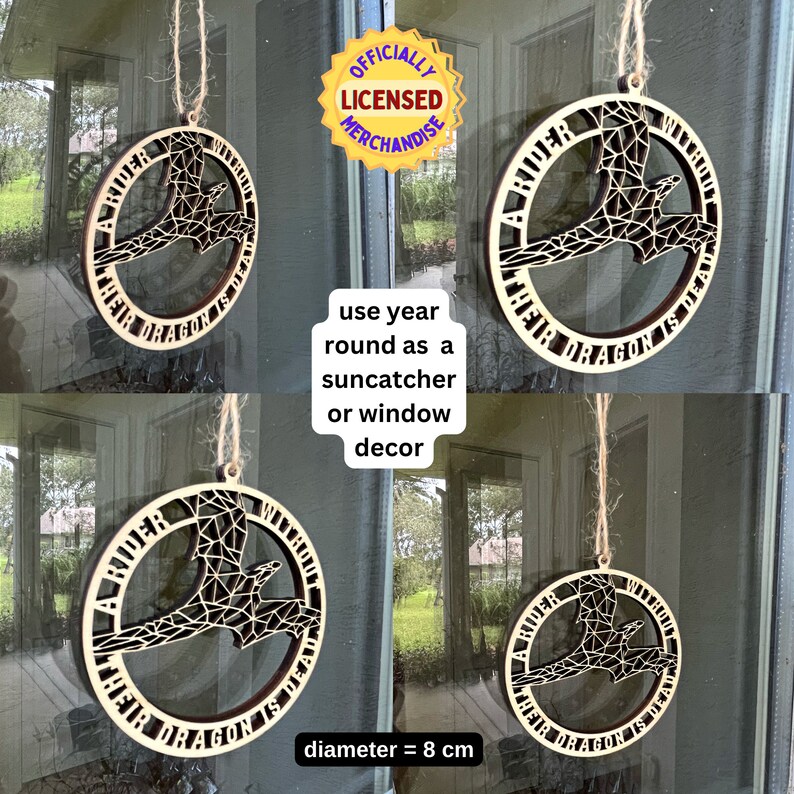 geometric dragon laser cut wood ornament used as a sun catcher or window decor