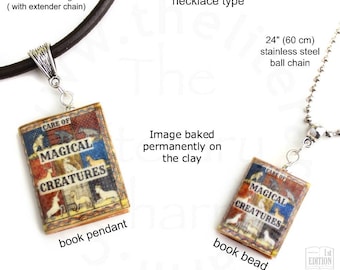 CARE of MAGICAL CREATURES,  School of Magic Clay Mini Book Pendant Necklace, Wiccan Book Charm, Witchcraft Jewelry, Book Lover Gifts