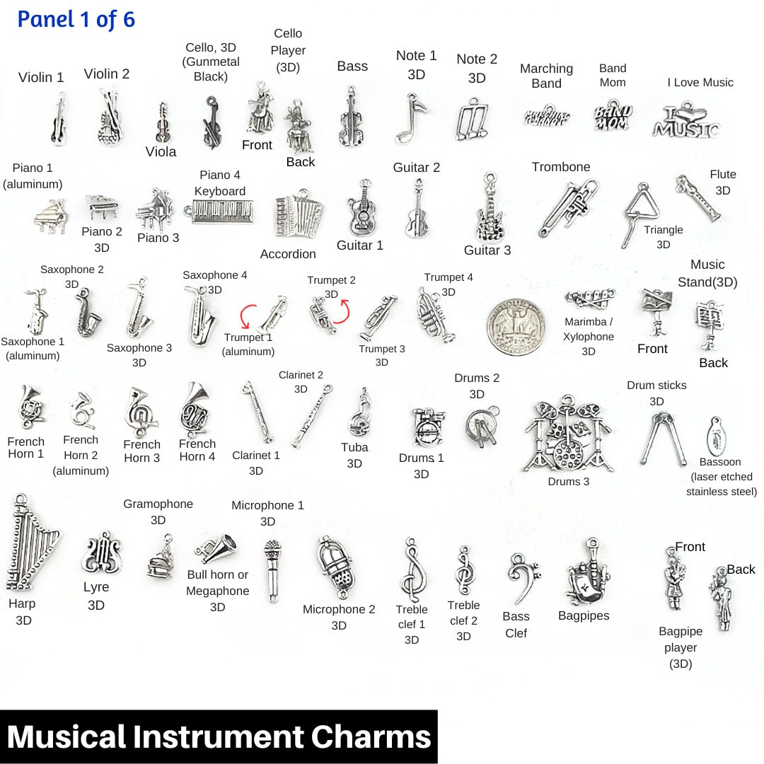 MUSICAL INSTRUMENT CHARMS, Marching Band Charms, Orchestra Charms, Jazz