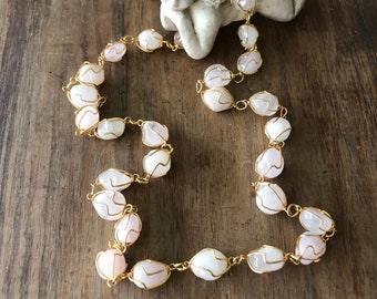 Beautiful Gold Caged Natural Rose Quartz Beads Necklace - 30 Beads