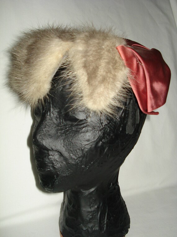 Unique Vintage Grey Mink and Dark Brown Rose Satin Hat by 