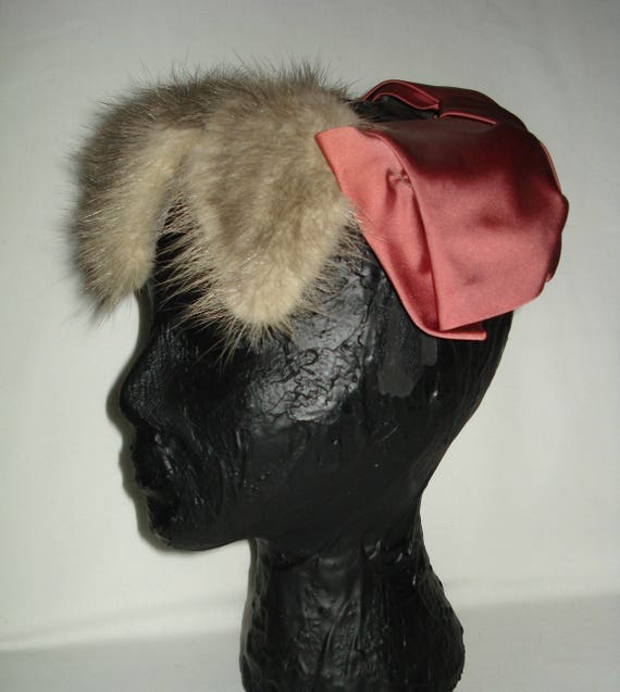 Unique Vintage Grey Mink and Dark Brown Rose Satin Hat by  display picture 2