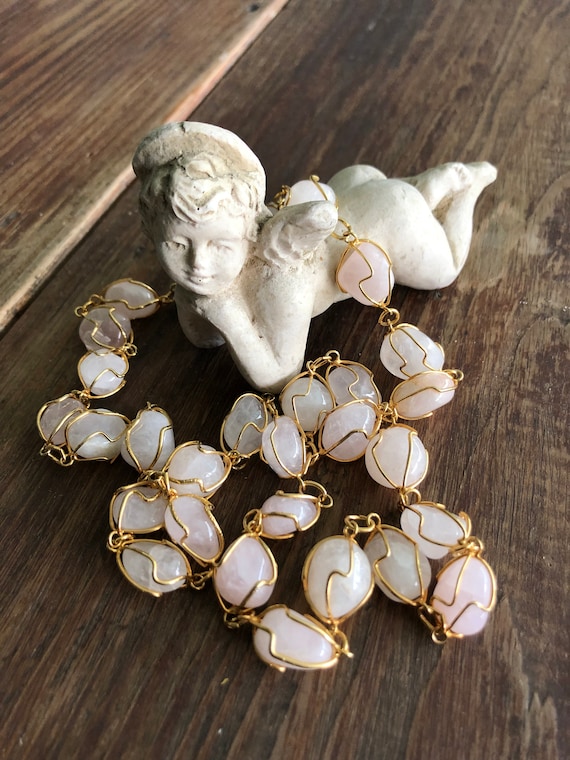 Beautiful Gold Caged Natural Rose Quartz Beads Ne… - image 2