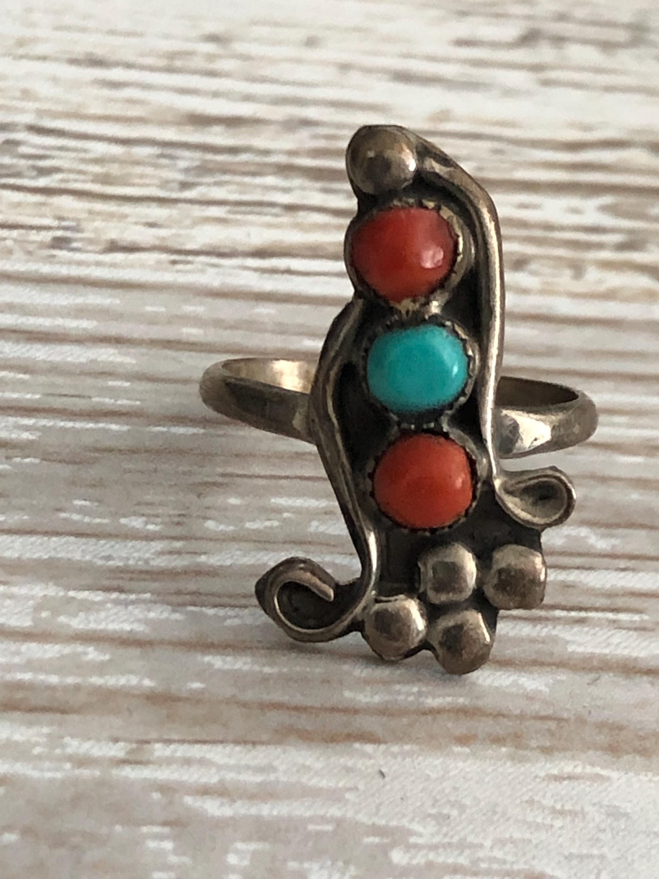 Vintage Navajo Sterling Silver Ring With Turquoise and Coral Stones ...