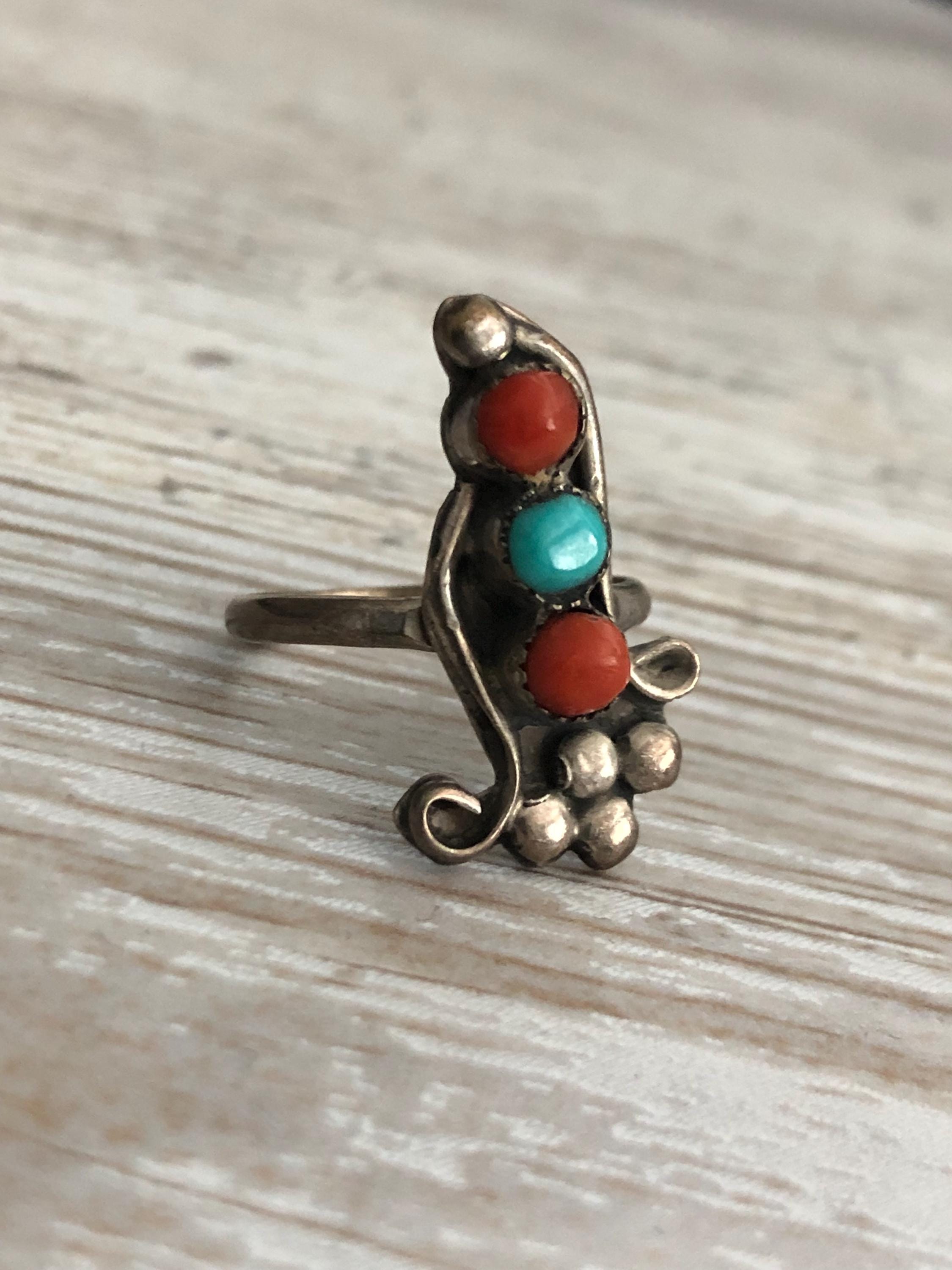 Vintage Navajo Sterling Silver Ring With Turquoise and Coral Stones ...
