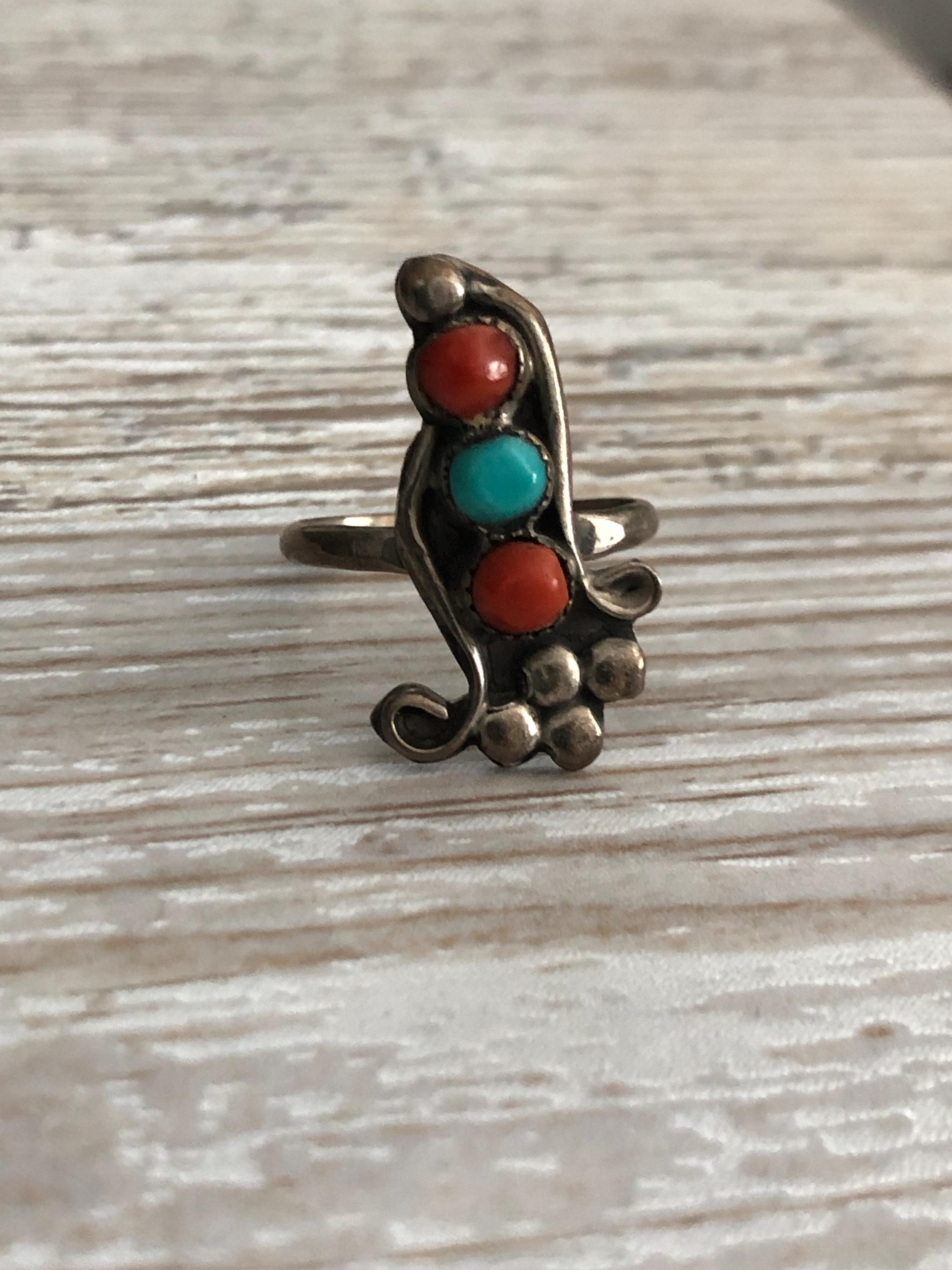Vintage Navajo Sterling Silver Ring With Turquoise and Coral Stones ...