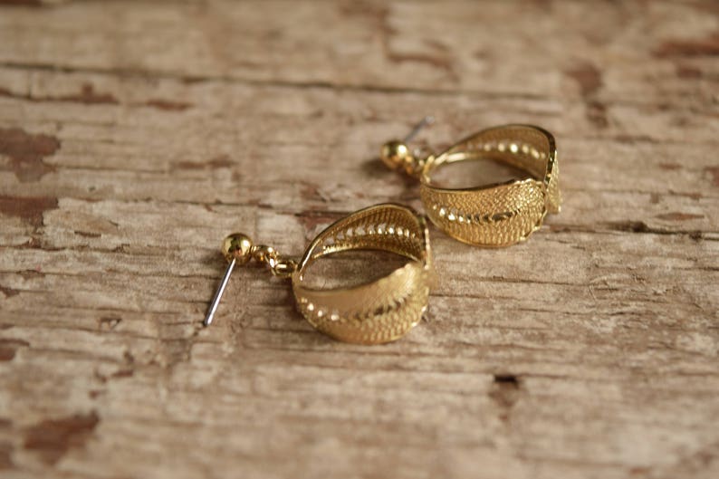 Gold filigree dangle hoop earrings Post earrings
