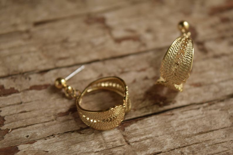 Gold filigree dangle hoop earrings Post earrings