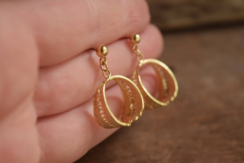 Gold filigree dangle hoop earrings Post earrings