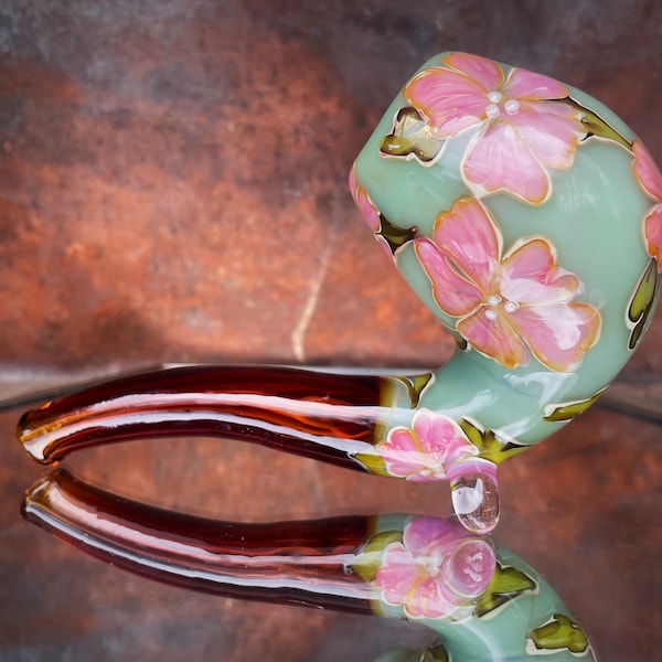 Vintage floral glass celadon green Sherlock pipe