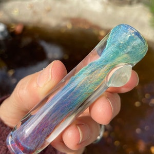 Green and purple thick glass chillum pipe
