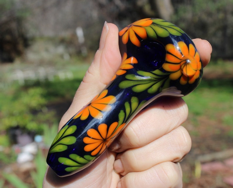 Cobalt blue floral glass pipe