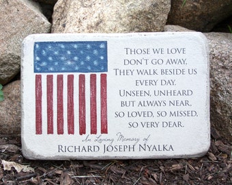 Memorial Stone. PERSONALIZED Memorial Gift with Flag. 6x9 Tumbled Concrete Paver. Patriotic Remembrance Stone for Military or Veteran