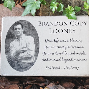 6x9 Memorial Stone with Picture. PERSONALIZED Memorial Gift. Heavy concrete memorial for indoors or out.  Remembrance gift. Free US Shipping