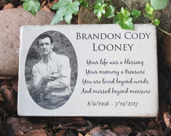 6x9 Memorial Stone with Picture. PERSONALIZED Memorial Gift. Heavy concrete memorial for indoors or out.  Remembrance gift. Free US Shipping