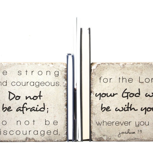 Scripture Bookends/ Concrete Bookends/ Joshua 1:9 / Be strong and courageous/  Stone Book End. Book Ends/ Outdoor Decor/ Concrete Bookends