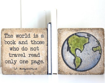 Rustic Bookends- St Augustine/ Earth Bookends/ Bookends/ 6x6 pavers/ The world is a book and those who do not travel read only one page