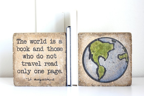 Rustic Bookends- St Augustine/ Earth Bookends/ Bookends/ 6x6 pavers/ The world is a book and those who do not travel read only one page