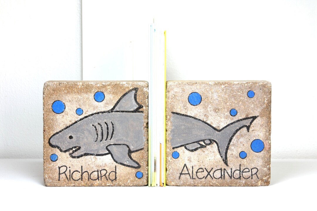 Child Bookends, Personalized Name Bookends/ Custom Nursery Decor/ Shark