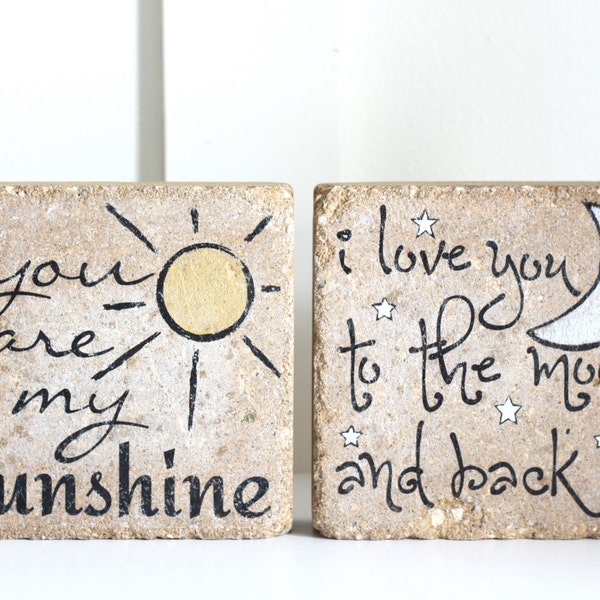 Child Bookends- You Are My Sunshine/ I love you to the moon and back/ -Nursery Decor/ Woodland/ Kid Bookends/  Rustic Child Decor