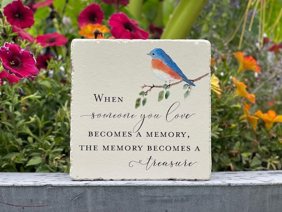 Bluebird Memorial Stone. 6x6 or 6x9 upgrade.  Handcrafted Indoor or Outdoor Concrete Sympathy Gift.  Can be personalized.
