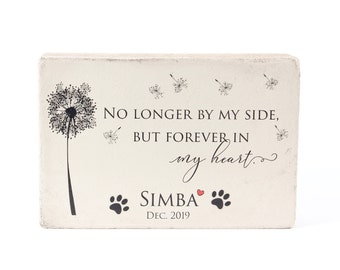 May include: A white stone memorial plaque with a black dandelion and the text "NO LONGER BY MY SIDE, BUT FOREVER IN my heart."  The name "SIMBA" is written below with a red heart and the date "DEC. 2019".