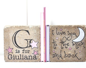 Personalized Nursery Bookends – Rustic Concrete, Moon & Stars Decor