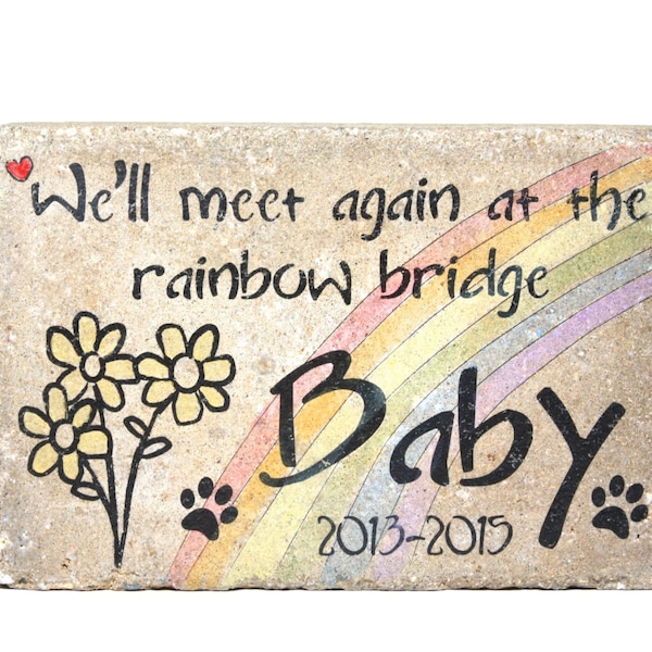 Pet Memorial Stone. 6x9 CUSTOM Burial Marker. Tumbled (Concrete) Paver Stone. Outdoor or Indoor Dog or Cat Memorial.  Rainbow Bridge Poem.