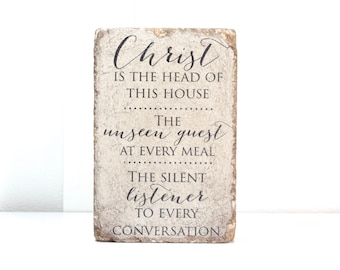 Rustic Christian Decor. Christ is the Head of this house. door or Outdoor. 6x9 Tumbled Concrete Paver. Garden Decor. Bookend. Christian Poem