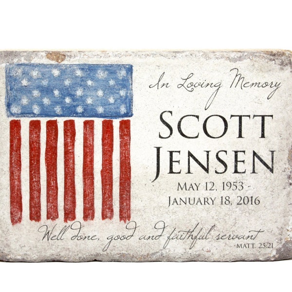 Flag Memorial Stone. PERSONALIZED Military Memorial Gift 6x9 Tumbled Concrete Remembrance Stone. Patriotic Indoor/ Outdoor Memorial