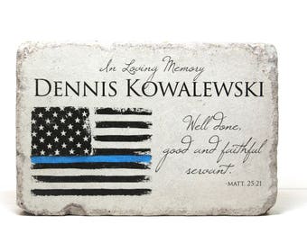 Police Memorial Stone for Home to Garden. 6x9 or 9x12 Tumbled Concrete Remembrance Stone. Thin Blue Line. Police Officer Memorial.