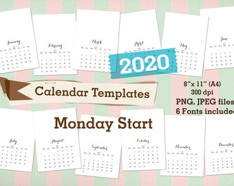 2020 Calendar Templates MONDAY START Commercial use Printable Monthly Calendars 6 fonts
