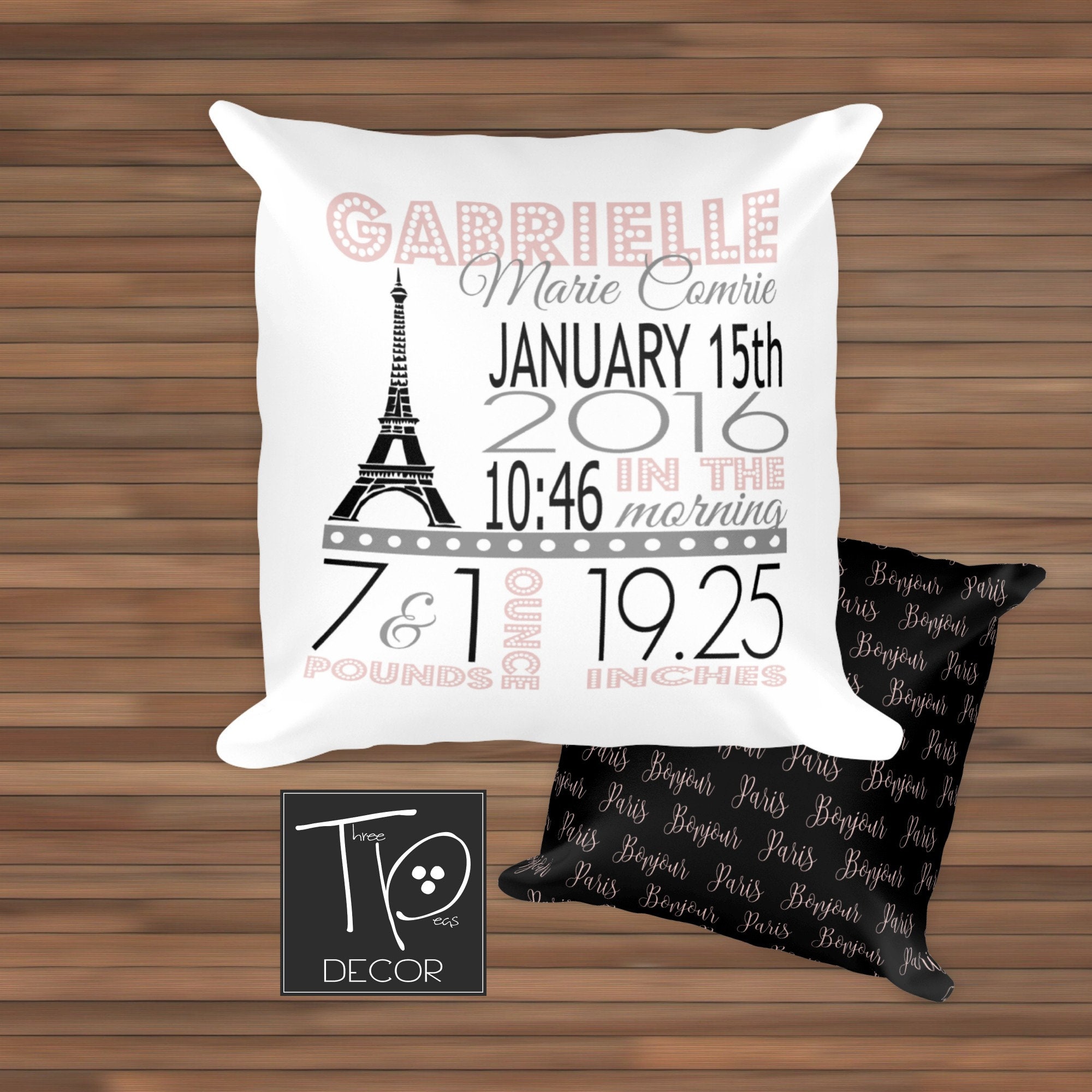 Paris Baby Pillow Pink Paris Pillow Paris Birth Stats Paris Etsy
