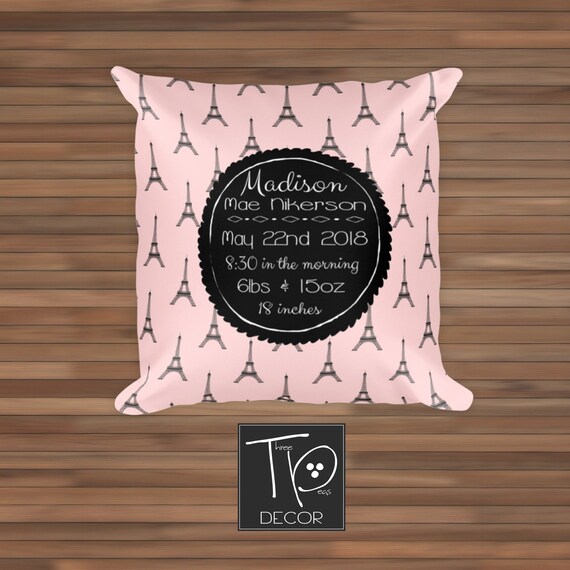 Paris Nursery Decor Pink Paris Pillow Paris Birth Stats Etsy