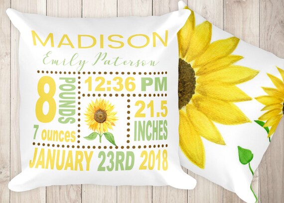Sunflower Nursery Decor Sunflower Theme Nursery Sunflower Birth Stats Sunflower Cushion Sunflower Pillow Birth Announcement
