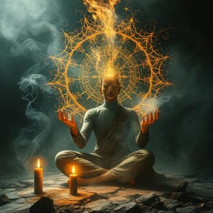 Puede incluir: Una persona en posición meditativa, rodeada de luz etérea y humo. La figura está sentada con las manos abiertas, palmas hacia arriba, y un campo de energía brillante que emana de la cabeza. Dos velas encendidas flanquean a la persona.