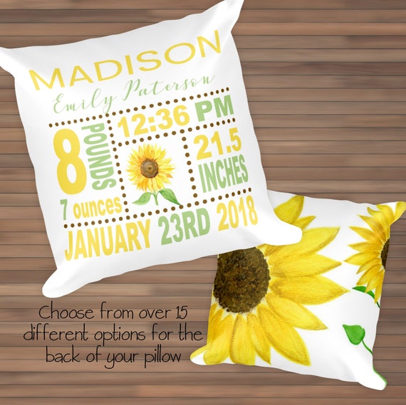 Sunflower Nursery Decor Sunflower Theme Nursery Sunflower Birth Stats Sunflower Cushion Sunflower Pillow Birth Announcement