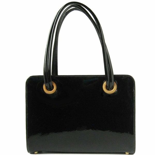1950s Bienen Davis Handbag Vintage Evening Bag Black and Gold Bag Patent Leather Handbag 1950s Handbag Mid Century Handbag Black Purse