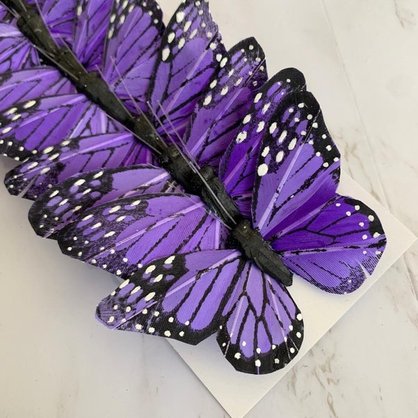 12 Feather Purple Monarch Butterflies 3 inch - Artificial Feather butterflies- Purple butterfly - butterfly scrapbooking-cake toppers, craft