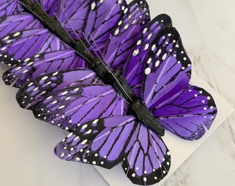 12 Feather Purple Monarch Butterflies 3 inch - Artificial Feather butterflies- Purple butterfly - butterfly scrapbooking-cake toppers, craft