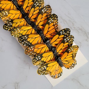 12 Orange 3" Monarch feather butterflies, weddings, Floral accents home garden decoration, Cake Topper, Bridal Bouquet, Nursery room