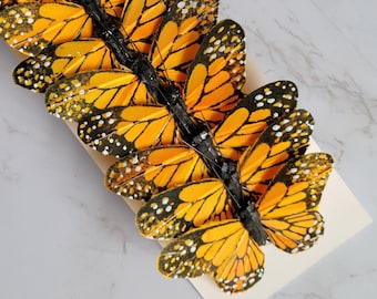 12 Orange 3" Monarch feather butterflies, weddings, Floral accents home garden decoration, Cake Topper, Bridal Bouquet, Nursery room