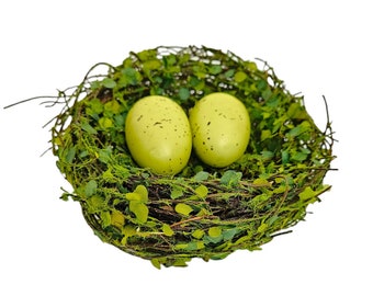 6.5" Vine/moss artificial Nest with Eggs on Pick for crafts, garden, hats, costumes, floral arrangements, home decor, Easter decorations.
