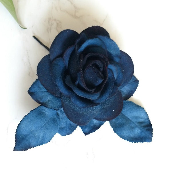 4.5" Vintage Indigo/Navy shaded Felt Rose with leaves from Czech Republic NOS for Dress pin, Hats and fascinators, headpieces, Crafts