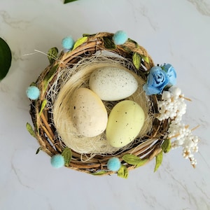 Pretty Light Blue Easter Bird Nest with Eggs and flowers for Home decoration, hat accents, center piece, crafts
