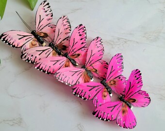 6 Assorted Pink shaded Feather Butterflies on Clip for Cake toppers, home garden decoration, hat accent, crafts floral, weddings, garden