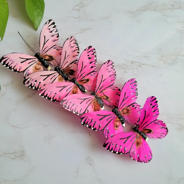 6 Assorted Pink shaded Feather Butterflies on Clip for Cake toppers, home garden decoration, hat accent, crafts floral, weddings, garden