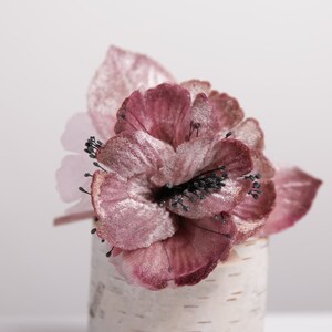 Beautiful mauve vintage velvet rose with leaves from Czech Republic for millinery hats, fascinators, corsage, hair pins, pinup girls flowers