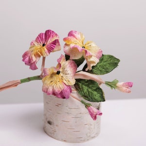 Velvet Millinery Pansies Flowers Pink/Gold 3 with Buds  and 3 leaves, Old Fashioned Bouquet for hat and fascinators, weddings, bouquets